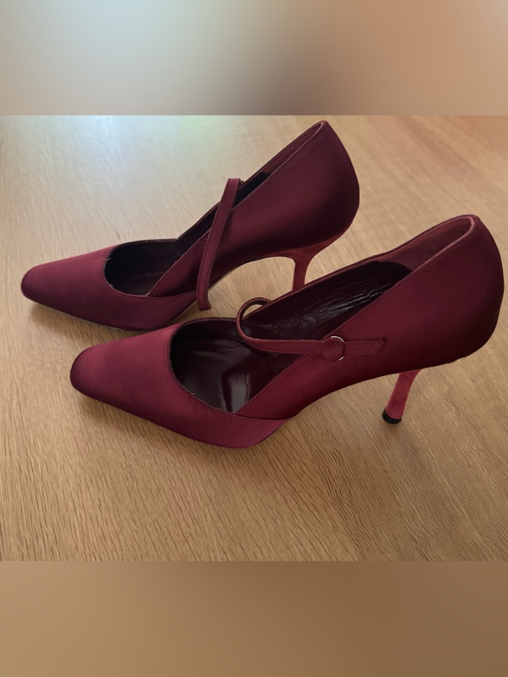 Stand Burgundy Satin Mary Jane with suede Heel. Sz 38
